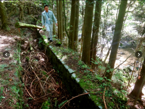 山中に埋もれている導水路は延長２．７キロ。付近には水門を管理していた小屋番の住居跡もあった＝愛知県新城市作手保永